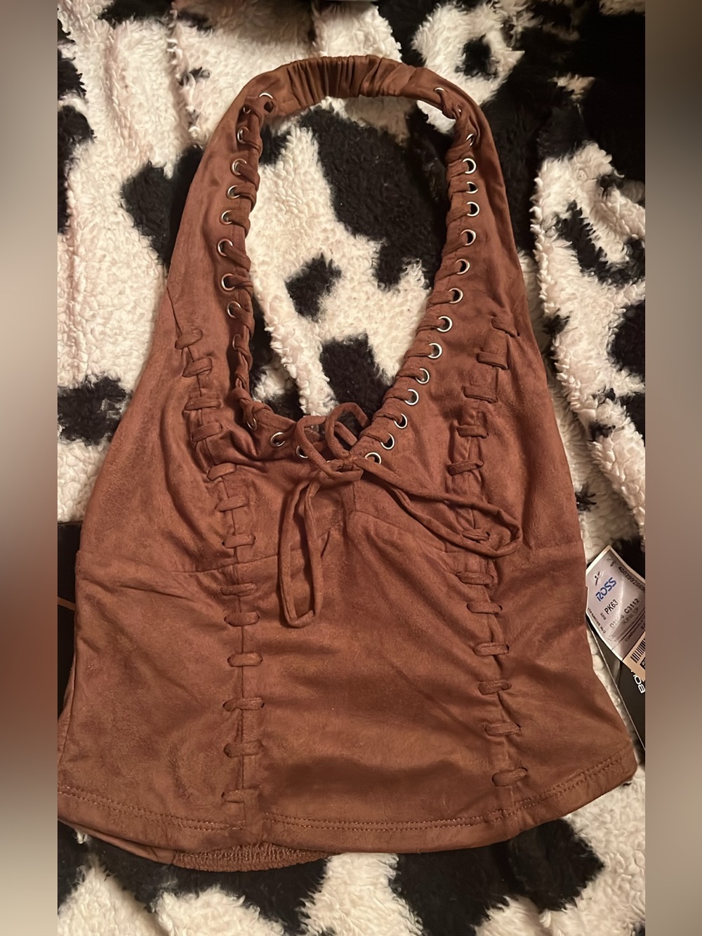 Brown Lace-Up Suede Halter Top